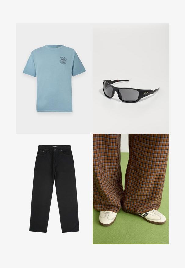 Lyseblå bomull t-skjorte med avslappet passform, med et lite svart grafisk trykk på venstre brystområde. Korte ermer og rund hals.; Sorte straight-leg jeans med frontknapp og glidelås, beltehemper og fem-lommerdesign, lagt flatt på en hvit bakgrunn.; Brune og blå rutete vide bukser sammen med hvite sko med svarte detaljer og teksturerte såler, satt mot en grønn bakgrunn.; Sorte solbriller med rektangulær form, laget av slitesterk plast, med gråtonede linser og en gullakzent på siden.