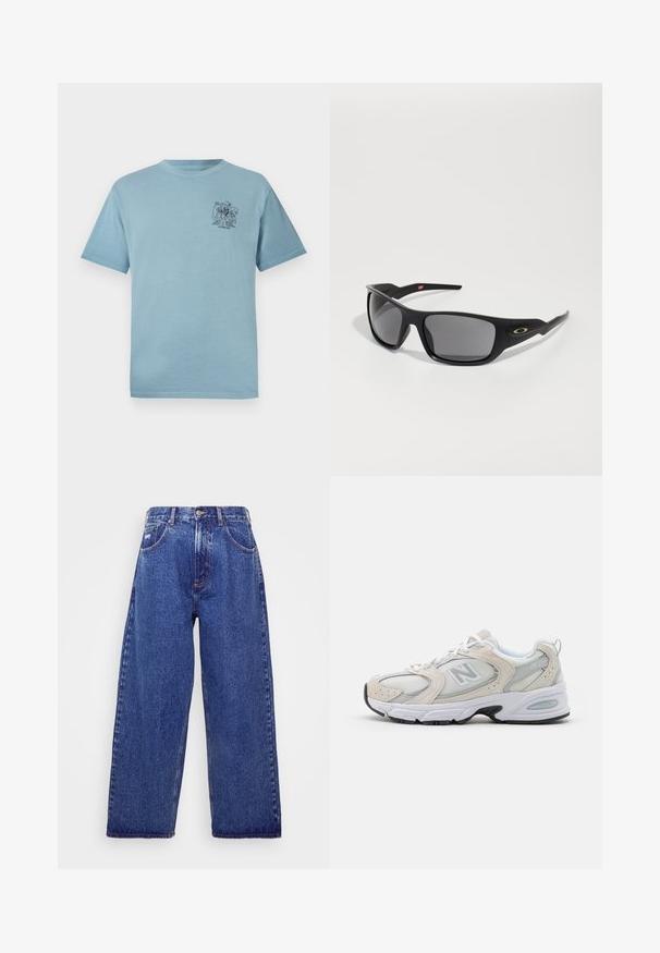 Lichtblauwe katoen t-shirt met een relaxte pasvorm, voorzien van een klein zwart grafisch ontwerp op de linkerkant van de borst. Korte mouwen en een ronde hals.; Wijd gesneden, blauwe denim jeans met een hoge taille, voorzien van vijf zakken, een knoopsluiting en subtiele vervaging voor textuur.; Atletiekschoen met een lichtgrijs mesh bovenwerk en suede accenten, witte veters en een zwarte rubberen zool. Opvallend ABZORB dempingdetail.; Zwarte zonnebril met een rechthoekige vorm, gemaakt van duurzaam plastic, met grijzige getinte glazen en een gouden accent aan de zijkant.