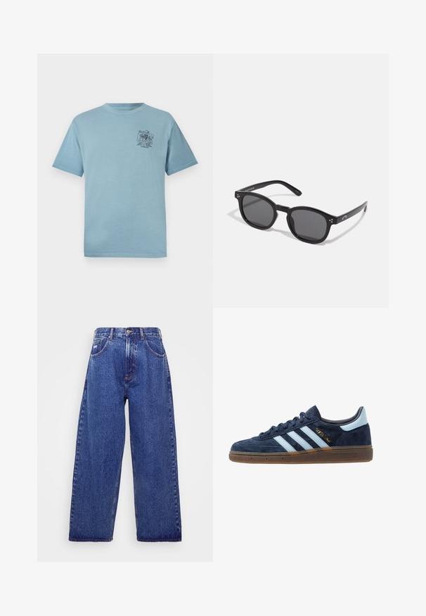 Helles blaues Baumwoll-T-Shirt mit lockerer Passform, das ein kleines schwarzes Grafikdesign auf der linken Brustseite aufweist. Kurze Ärmel und Rundhalsausschnitt.; Weite, blaue Denim-Jeans mit hoher Taille, die fünf Taschen, einen Knopfverschluss und dezente Ausbleichungen für Textur aufweisen.; Marineblaue Wildleder Adidas Sneaker mit hellblauen Streifen, Gummisohle, hellblauer Fersenkappe und goldener "Spezial"-Markierung an der Seite.; Schwarze ovale Sonnenbrillen mit dunklen Gläsern, dicken Rahmen und silbernen Punktekzenten an den Seiten. Glattes Plastikmaterial, zeitgemäßes Design.