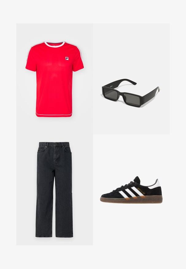 Punane sportlik t-särk, mis on valmistatud siledast kangast, omab soonikuga ümmargust kaelust, valgeid aktsente varrukatel ja väikest logot vasakul rinnaosal.; Tumed sinised denimbüksid laia jala, viie tasku disaini ja nööpkinni. Sisaldab vasktooni riistvara ja peent tekstuuri.; Mustad must Adidas'i sneaker valgete triipudega, kuldse "Spezial" tekstiga, kummi tallaga ja valge kontsaga, kujutatud külgvaates.; Mustad prillid ristkülikukujuliste läätsedega, matt plastikust raam ja sirged servad. Omab brändi logo sisemise varre peal.