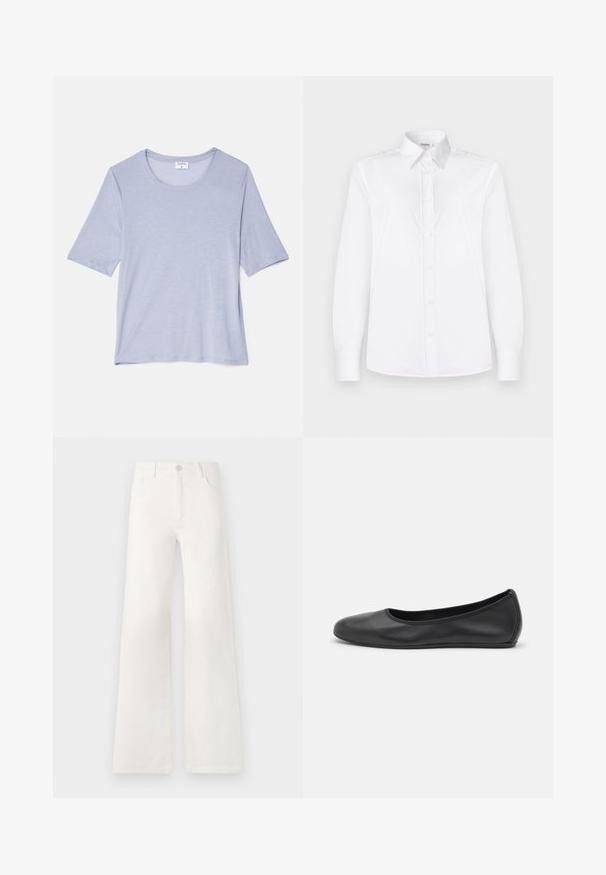 Svijetloplavi kratkotrajni majica s kratkim rukavima, okruglog izreza, izrađena od mekog materijala, s opuštenim krojem i glatkom, suptilnom teksturom.; Bijela košulja dugih rukava od glatkog materijala, s ovratnikom i prednjim dio na dugme s svijetlo ružičastim gumbima.; Bijele, visokotalasne široke traperice. Imaju kopčanje na dugme, dva prednja džepa i bočne šavove s detaljima šivanja.; Crne kožne baletanke s zaobljenim vrhom, glatke teksture, minimalnim detaljima šavova i fleksibilnim dizajnom potplata.