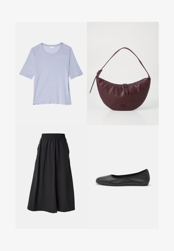 Svetlo modra kratka majica s kratkimi rokavi in okroglo ovratnikom, izdelana iz mehke tkanine, s sproščenim krojem in gladko, subtilno teksturo.; Črna krila do gležnjev z elastičnim pasom in stranskimi žepi. Narejena iz lahkega materiala, ki se ponaša z gladko teksturo.; Črne usnjene balerinke z zaobljenim nosom, gladko teksturo, minimalnimi šivi in fleksibilno zasnovo podplata.; Bordo usnjeni ročni torbici s krivuljasto obliko, z zadrgo, dvema zategoma in kratko naramnico. Podrobnosti vključujejo embosirano logotip.