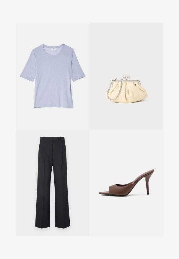Light blue short-sleeve T-shirt with a round neckline, made of soft fabric, featuring a relaxed fit and a smooth, subtle texture.; Dark blue pinstriped trousers with a high waist, wide leg design, and no visible hardware or embellishments. Smooth texture and tailored fit.; Brown leather open-toe high-heeled mules with a sleek design, featuring a wide front strap and a slender stiletto heel.; Pleated beige leather clutch with a silver metal frame, featuring two round decorative clasps and a silver chain strap.