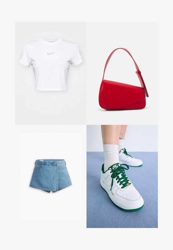 Valge lühikeste varrukatega puuvillane lühike t-särk, millel on ümmargune kaelus ja hall Nike logo, mis on keskelt esiküljel.; Heledad lühikesed teksad helesinises toonis, millel on ümber kerimine, esikotid ning metallnööbiga sulgur. Sile tekstuur ja õmmeldud servad.; Valged nahast Nike Air Force 1 kingad roheliste aktsentidega, paelad ja tald; perforatsioonidega varvas ning kuldne detail paelte piirkonnas.; Punane nahast käekott, millel on nurkadega geomeetriline disain. Omab ühte reguleeritavat rihma ja klappidega sulgemist, millel on õmblustega kaunistused.