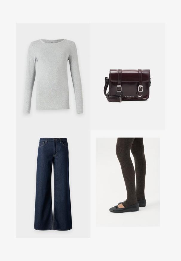 Sivi dugi rukav T-shirt izrađen od mekog pamuka. Ima okruglu izrezu i prilagođeni kroj. Jednostavan, bezšavni dizajn bez uzoraka.; Široke traperice u tamnoplavoj denim boji. Sadrže kontrastno šivanje, pet džepova i kopčanje na dugme u struku. Glatka tekstura.; Crne ravne cipele s malim mašnom na vrhu prstiju, uparene s tamnosmešnim rebrovanim čarapama. Cipele imaju glatku teksturu i nizak profil.; Tamnocrvena lakirana kožna torba preko ramena pravokutnog oblika, s dva remena, srebrnim hardverom i preklopnim zatvaranjem.