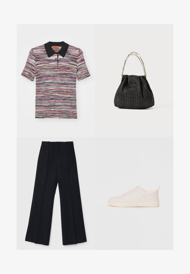 Missoni Pólóing - multicolor/red/pink/blu; Fekete, bő szárú nadrág sima anyagból, magas derékkal, két hátsó zsebbel és diszkrét elülső redőkkel az extra alakért.; Fehér bőr sneaker rózsaszín részletekkel, texturált oldalsó panellel, kerek orral, lapos gumitalppal és díszítő perforációkkal.; Fekete textúrájú kézi táska halszálka mintával, ráncolt dizájnnal és fém lánc fogantyúval. Puha anyaga elegáns megjelenést biztosít.