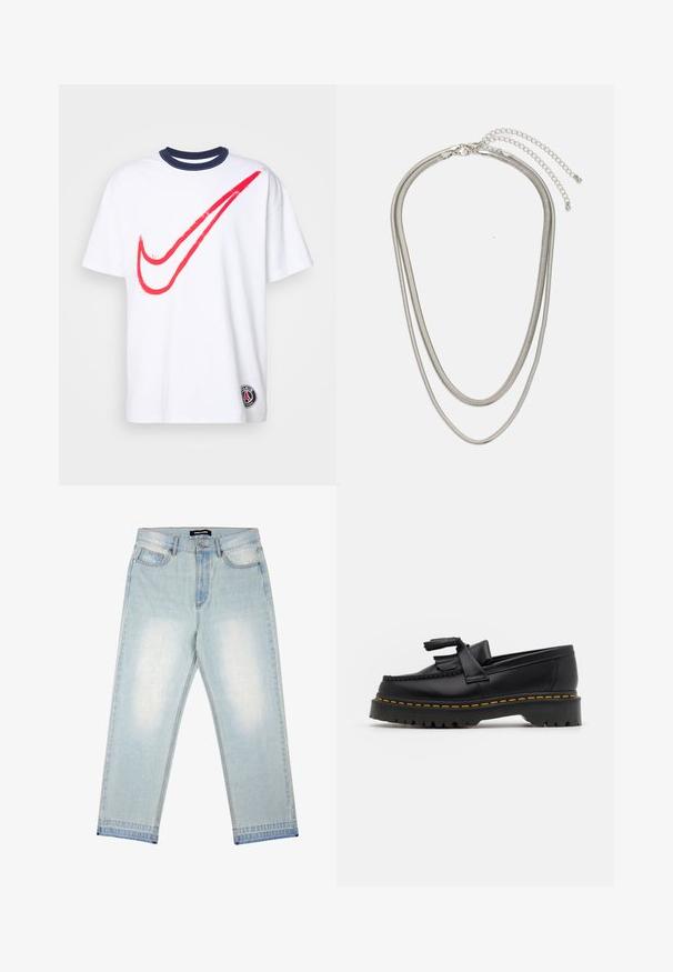 White T-shirt with red Nike swoosh graphic, navy ribbed collar, short sleeves, and small Paris emblem on left hem. Cotton material.; Pegador BARROW - Loose Jeans - sand washed blue; Black leather loafer with a tasseled accent, featuring a chunky black sole and yellow stitching along the edge. Textured finish.; Three-layered silver metal necklace featuring sleek, flexible chains with a slight sheen, secured with a lobster clasp and adjustable chain.