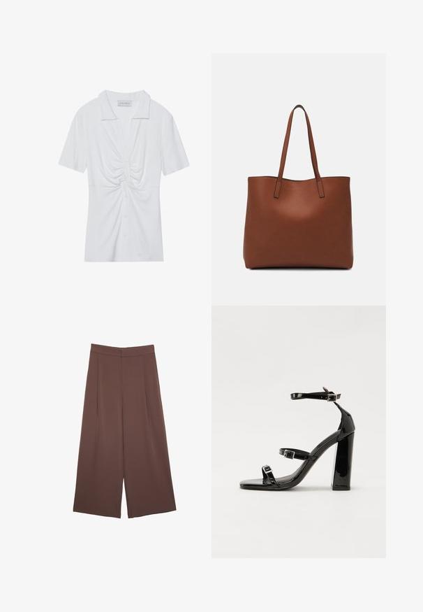Blusa bianca a maniche corte con colletto, caratterizzata da un dettaglio a nodo attorcigliato sul davanti e una chiusura con bottoni. Tessuto a coste liscio.; Pantaloni ampi marroni con una texture liscia, caratterizzati da una vita alta e pieghe frontali. Il tessuto è leggero e scorre liberamente.; Sandali con tacco in vernice nera, con punta squadrata, cinturini alla caviglia e fibbie in argento. Presentano un tacco a blocco spesso per maggiore stabilità.; Borsa tote in pelle marrone con texture liscia, design con apertura superiore e due spallacci. Presenta cuciture minime e nessun hardware visibile.
