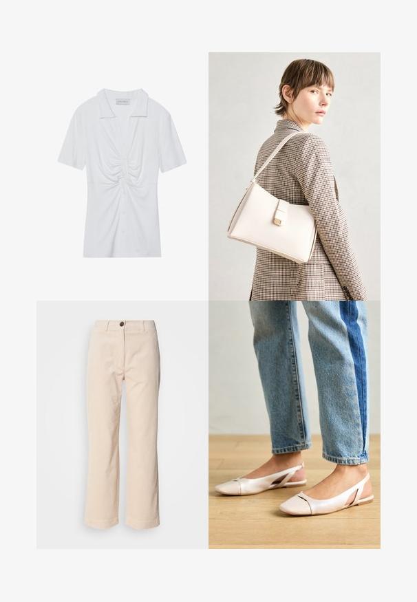Fehér, rövid ujjú ingblúz, gallérral, elöl csavart csomó részlettel és gombos záródással. Simább bordázott textúra.; Beige kordbársonyi nadrág egyenes lábakkal, elöl gombos záródással és oldalsó zsebekkel, fehér háttér előtt.; Világos rózsaszín slingback laposlábú cipők, hegyes orral, sima bőrhatású anyagból készült. Oldalt kivágott részletek találhatók rajta, valamint lapos sarkú.; Fehér bőr táska strukturált dizájnnal, mágneses záródással és vállpánttal, semleges háttér előtt bemutatva.
