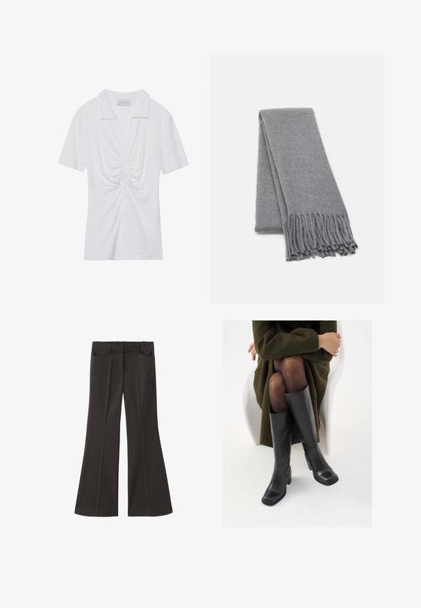 Bluză albă cu mânecă scurtă și guler, având un detaliu cu nod răsucit în față și un sistem de închidere cu nasturi. Textură netedă cu nervuri.; Pantaloni evazați negri, cu talie înaltă; au două buzunare frontale și o textură de stofă netedă. Potriviți pentru diverse ocazii.; Cizme din piele neagră, până la genunchi, cu vârf pătrat și toc bloc, prezentate pe un model așezat într-o haină verde măsline. Textură netedă, detalii minime.; Fular din lână gri cu o textură moale, având margini franjurate și un design simplu. Pliat cu grijă, scoțând în evidență forma sa alungită.