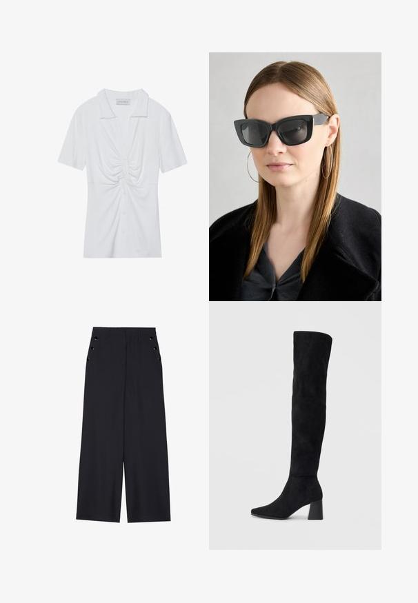 White short-sleeve blouse with a collar, featuring a twisted knot detail at the front and a button-down placket. Smooth ribbed texture.; Wide-leg trousers in dark navy fabric, featuring a smooth texture, front pleats, and decorative gold-tone eyelets on the side pockets.; Black suede knee-high boot with block heel, pointed toe, and smooth, seamless design on a plain light background.; Black cat-eye sunglasses with dark lenses, thick frames, and subtle accents. Worn with a black coat and gray top, featuring long straight hair.