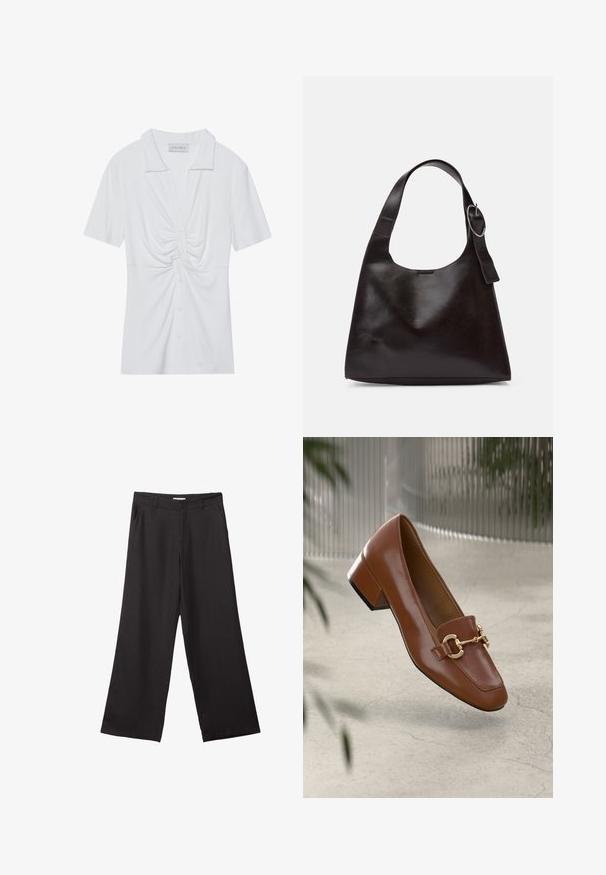 Biela blúzka s krátkym rukávom a golierom, s prekrúteným uzlom vpredu a gombíkovou légou. Hladká rebrovaná textúra.; Čierne široké nohavice vyrobené z hladkej tkaniny, so zipsom vpredu a dvoma bočnými vreckami, s prispôsobeným strihom a minimalistickým dizajnom.; Hnedé lakované kožené loafers s hranatou špičkou, kovovým reťazovým akcentom a nízkym blokovým podpätkom; hladká textúra, minimalistický dizajn.; Hnedá kožená taška cez rameno s hladkým povrchom, zaobleným tvarom, širokým popruhom a kruhovým kovovým akcentom na rúčke.