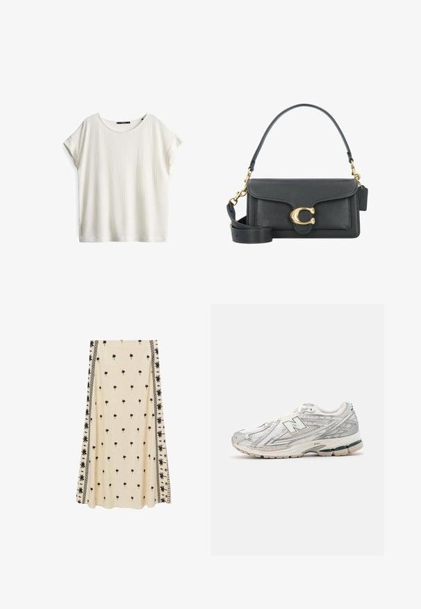 Witte T-shirt met korte mouwen en een ronde halslijn, met een geribbelde textuur en een losse pasvorm. Zijkant label zichtbaar nabij de halslijn.; Crème-kleurige rok met een klein zwart palmboomprint, met ingewikkelde zwarte randpatronen langs de zijkanten, gemaakt van lichtgewicht stof.; Hardloopschoenen met een zilver-witte mesh bovenkant en een groene accent. De zool is dik en gestructureerd, ontworpen voor demping en ondersteuning.; Zwarte leren handtas met een gouden hardware accent, voorzien van een kenmerkende sluiting, een afneembare schouderband en een ge textureerd oppervlak.; Gouden rechthoekige horloge met een parelmoer wijzerplaat, Romeinse cijfer uurmarkers, datumanzeige en een schakelarmband ontwerp.
