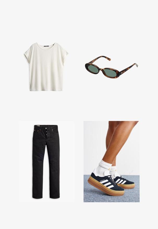 Weißes Kurzarm-T-Shirt mit rundem Halsausschnitt, gerippter Textur und lockerer Passform. Seitennähtags sichtbar in der Nähe des Halsausschnitts.; Schwarze Denim-Jeans mit geradem Schnitt, Fünf-Taschen-Design und Knopfverschluss. Mit Kupfennieten und Nähtelementen.; Schwarze Wildledersneaker mit weißen Streifen und Akzenten, rundlicher Zehenbereich, Sohlen aus braunem Gummi, kombiniert mit weißen, gerippten Sneakersocken.; Schildpatt-Sonnenbrille mit ovalen Rahmen und grünen Gläsern. Verfügt über dünne Bügel mit einem metallischen Akzent in der Nähe der Scharniere.