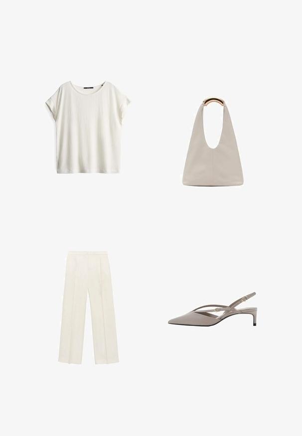 Weißes Kurzarm-T-Shirt mit rundem Halsausschnitt, gerippter Textur und lockerer Passform. Seitennähtags sichtbar in der Nähe des Halsausschnitts.; Weit geschnittene Hosen in einem hellen cremefarbenen Farbton. Hergestellt aus einem glatten Stoff mit Falten an der Vorderseite und seitlichen Taschen.; Beige Slingback-High Heels mit spitzem Zehenbereich, dünnen, gekreuzten Riemen und einem kurzen Stiletto-Absatz. Glattes Material mit goldfarbenen Hardware-Akzenten.; Hellgraue Lederhandtasche mit einem U-förmigen Design und einem geschwungenen, metallischen Griff. Glatte Textur mit minimalen Nähten und ohne sichtbare Muster.
