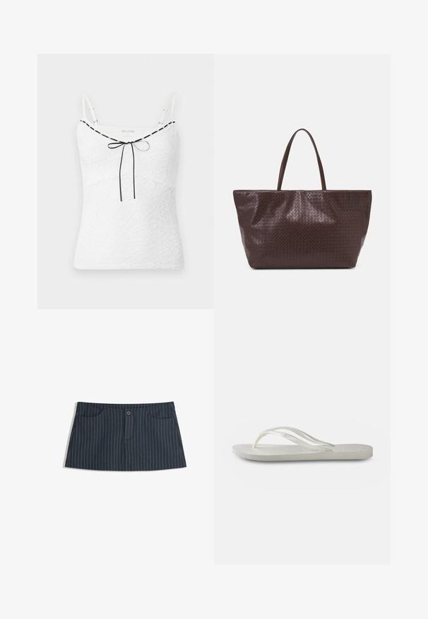 Camisolă albă din dantelă cu bretele ajustabile, având o margine neagră și un detaliu cu fundiță la gât. Model texturat cu flori.; Fustă mini navy blue cu dungi, cu buzunare frontale și închidere cu un singur nasture la talie.; Flip-flop alb cu o talpă texturată, având bretele subțiri și un design plat. Fabricat din cauciuc, cu un logo subtil pe talpa interioară.; Geantă din piele împletită maro, cu două mânere, formă structurată și suprafață texturată, având un model în diamant pe toată suprafața.; Cercei cercuri tonificați în aur, cu o formă elegantă și alungită, având un finisaj lustruit și un sistem de închidere sigur.