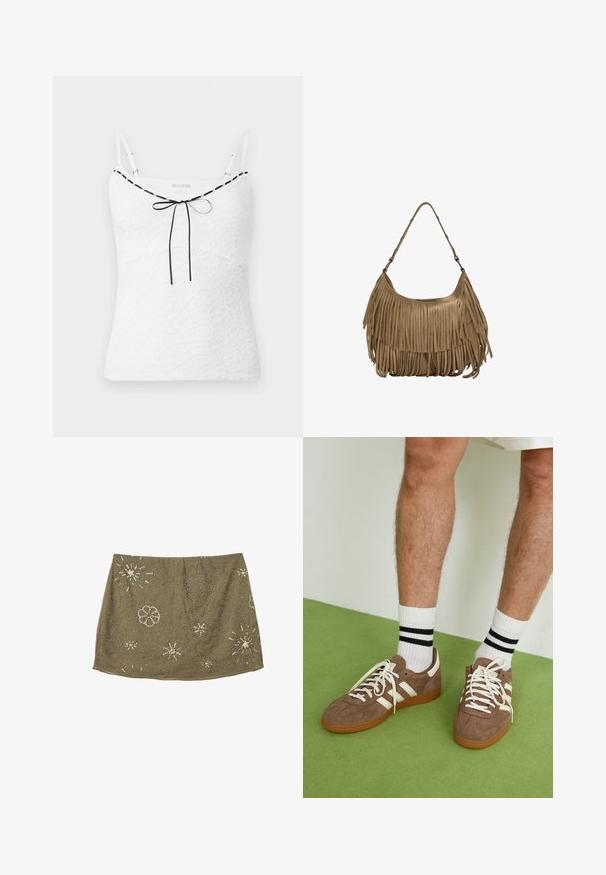Camisole bianca in pizzo con spalline regolabili, caratterizzata da un bordo nero e un dettaglio a fiocco sullo scollo. Motivo floreale textured.; Gonna verde oliva con vita aderente, con decorazioni in perline argentate in modelli floreali e a stella, che creano un design della superficie testurizzato.; Sneaker in suede marrone con dettagli e lacci bianchi. Suola in gomma color gomma. Indossati con calzini bianchi con righe nere. Pavimento verde texturizzato.; Borsa a tracolla in suede marrone con lunghi dettagli in frange, forma curva e una singola tracolla. Presenta una superficie liscia e testurizzata.