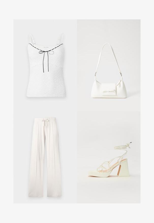 Bílá krajková tílko s nastavitelnými ramínky, zdobené černým lemem a mašlí u výstřihu. Texturovaný květinový vzor.; Světle béžové tepláky vyrobené z měkké látky, s pasem na šňůrku, širokými nohavicemi a vertikálními švy, s hladkým povrchem.; Bílé sandály na vysokém podpatku s robustním podpatkem, s designem s pásky a zavazováním kolem kotníku. Hladký povrch s platformou vpředu pro zvýšení výšky.; Bílá syntetická kabelka v trojúhelníkovém tvaru, s plochým předním klopným víkem a detailem mašle, nastavitelným popruhem, hladkým povrchem a minimalistickým designem.
