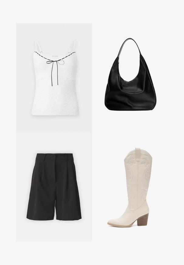 Witte kanten camisole met verstelbare bandjes, voorzien van een zwarte rand en een strikdetail bij de halslijn. Gemêleerd bloemenpatroon.; Zwarte shorts met een op maat gemaakte ontwerping, voorzien van plooien aan de voorkant, een brede tailleband en een soepele textuur. Geen zichtbare zakken.; Kniehoge witte leren cowboylaars met geborduurde bloemenpatronen, puntige neus en een gestapelde houten hak. Zachte textuur en gestroomlijnd ontwerp.; Zwarte leren hobo tas met een slouchy ontwerp, brede schouderband en een gladde textuur. Heeft een enkele ritssluiting aan de zijkant.