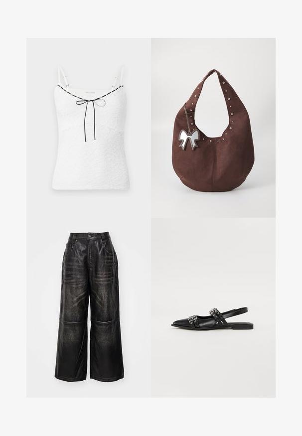 Hvit blonde cami med justerbare stropper, med svart kant og sløyfe-detalj rundt halsen. Teksturert blomsterdesign.; Svarte vide bukser laget av lær med en lett glans. Har stikninger og frontlommer, ferdig med knapp og glidelås.; Even&Odd Ballerina - black; Brun suedette hobo-veske med sølvnagler langs den øverste kanten og en metallisk sløyfecharms festet til stroppen. Bred åpning og myk tekstur.