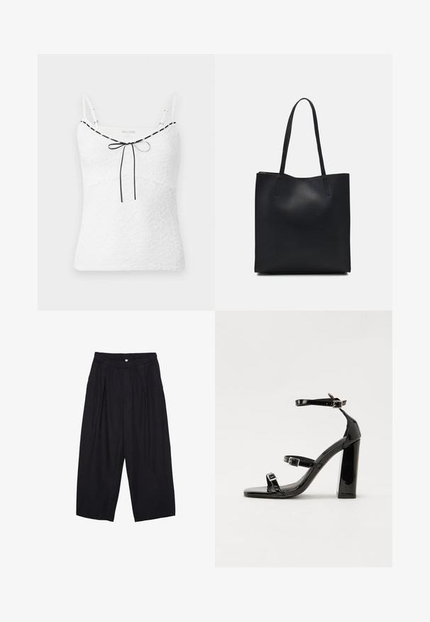 Weiße Spitzen-Camisole mit verstellbaren Trägern, versehen mit einem schwarzen Rand und einer Schleifen-Detail am Ausschnitt. Strukturiertes Blumenmuster.; Schwarze Polyester-Culotte mit einem elastischen Bund, zwei vorderen Falten und einer lockeren Silhouette. Keine sichtbaren Muster oder Hardware-Details.; Schwarze patentierte Sandalen mit Absatz, quadratischer Spitze, Knöchelriemen und silbernen Schnallen. Mit einem stabilen Blockabsatz für mehr Stabilität.; Schwarze Laptoptasche aus Leder mit glatter Textur, rechteckiger Form und zwei langen Griffen. Keine sichtbaren Beschläge oder Verzierungen.