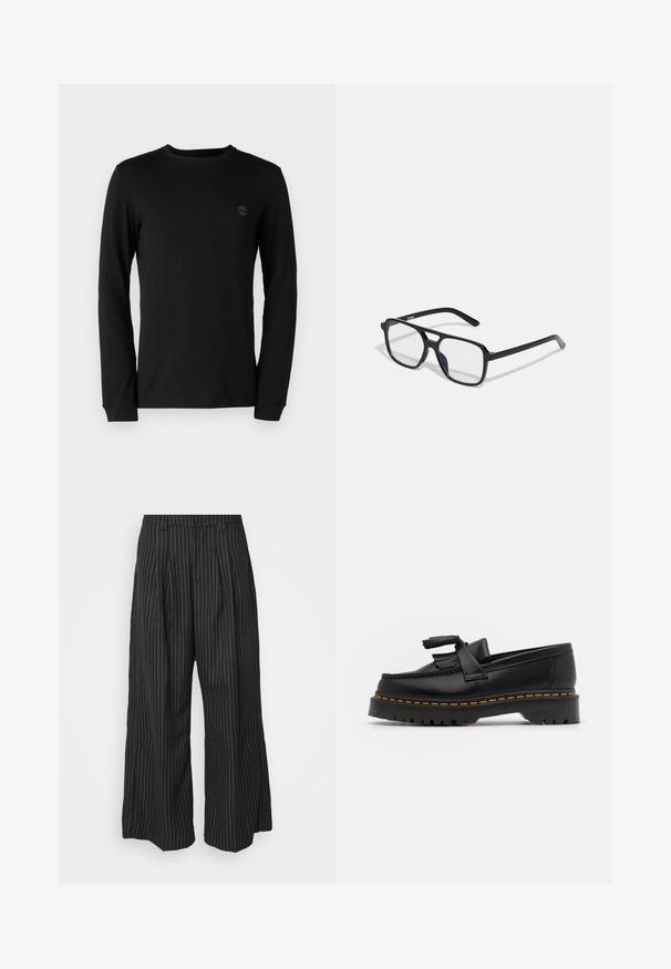 Črna dolgrokavna majica iz mehkega bombaža, ki ima okroglo izrez in subtilen logotip na prsih. Opremljena s standardnimi manšeti.; Črne široke hlače s črtami in pregibi, s krojem po meri in mehko teksturo. Ni vidne opreme ali dodatkov.; Črne usnjene loafersice s kaširanim naglasom, z debelim črnim podplatom in rumenim šivom ob robu. Teksturirana površina.; Črne pravokotne očala z prozornimi lečami in subtilnim vijoličnim odtenkom, s sleek ročaji in minimalističnim dizajnom.