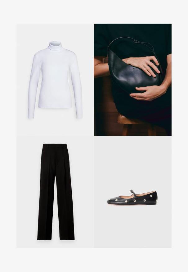 Balta golfas ilgomis rankovėmis, pagamintas iš lygaus audinio. Prigludęs dizainas su minimaliais siūlais, turintis aukštą kaklą ir tiesią apatinę dalį.; Juodos plačios kojos kelnės, pagamintos iš lygaus audinio, su aukštu liemeniu, priekinėmis raukšlėmis ir švaria, pritaikyta forma be papuošimų.; Juodų odinių Mary Jane plokščių batų su apvaliu pirštu, papuoštų sidabriniais apvaliais nagais ir reguliuojamu dirželiu su sagtimi.; Juodas odinis rankinukas unikalios pusmėnulio formos. Turi minimalistinį dizainą, lygų paviršių ir subtilų logotipą. Reguliuojama dirželis.