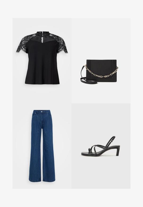 Juodas viršus su aukšta nėrinių apykakle ir trumpomis nėrinių rankovėmis, su išpjova prie kaklo ir sklandžiu audinio kūnu.; Mėlynos plačios džinsinio audinio kelnės su aukšta juosmens linija, priekyje mygtukas ir užtrauktukas, bei priekinės ir užpakalinės kišenės prieš paprastą foną.; Juodi šlepetės su kvadratiniu pirštu ir žemu bloku kulnu. Yra keli ploni dirželiai ir reguliuojamas kulkšnies diržas. Pagaminti iš lygios odos.; Juodas odinis per petį nešiojamas krepšys turi lygų paviršių, stačiakampio formą ir metalinę grandinėlę priekyje. Pridedama reguliuojama dirželis.; Sidabrinis dvigubas žiedas su lygiu, poliruotu paviršiumi. Pasižymi sklandžiu, kreiptu dizainu su persipinančiomis dalimis, suteikiančiomis modernų išvaizdą.