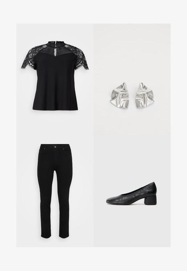 Top nero con colletto in pizzo alto e maniche corte in pizzo, con un dettaglio a chiave all scollatura e corpo in tessuto liscio.; Jeans in denim nero con vestibilità slim, design a cinque tasche, chiusura anteriore a bottone e leggero stretch per un maggiore comfort. Texture piatta e liscia con dettagli minimi.; Pantofole nere in pelle con punta arrotondata e tacco medio a blocco. Texture liscia con dettagli minimi, caratterizzata da un'apertura elastica sottile.; Orecchini in metallo argento con un design ondulato e scultoreo, caratterizzati da una finitura lucida e forme irregolari, che evidenziano un'estetica contemporanea.