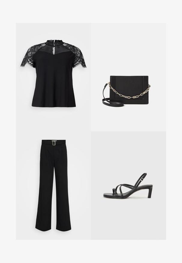 Black top featuring a high lace collar and short lace sleeves, with a keyhole detail at the neckline and a smooth fabric body.; Black wide-leg trousers made of lightweight fabric, featuring a smooth texture, front pleats, and a belt with a square metal buckle.; Black strappy sandal with a square toe and a low block heel. Features multiple thin straps and an adjustable ankle strap. Made of smooth leather.; Black leather crossbody bag featuring a smooth texture, rectangular shape, and a metallic chain detail on the front. Adjustable strap included.