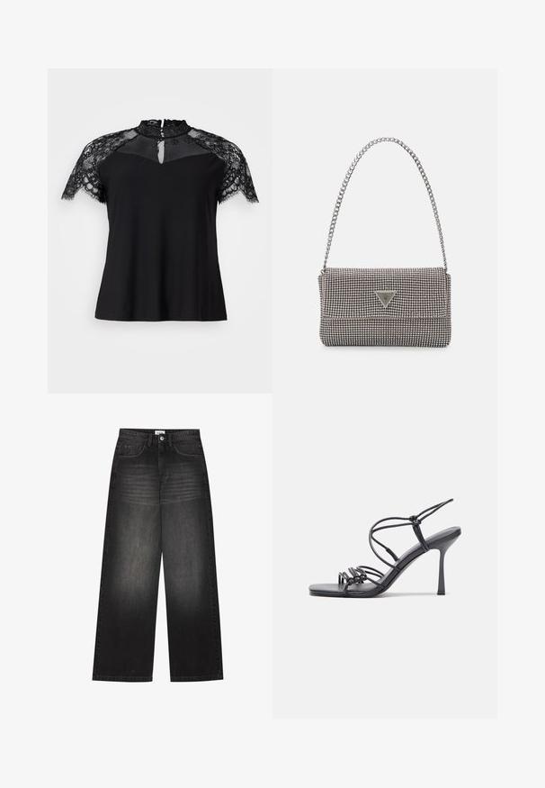 Čierny top s vysokým čipkovým golierom a krátkymi čipkovými rukávmi, s detailom v tvare kľúčovej dierky na výstrihu a hladkým telom z látky.; YOURTURN UNISEX - Džínsy baggy - black denim; Čierne sandále na vysokom podpätku majú tenké remienky s uzlovým dizajnom, hladký štvorcový špičku a elegantný stiletto podpätok.; Svetlošedá metalická kabelka s reťazovým popruhom, ozdobená malými kruhovými kovovými štítkami a trojuholníkovým logom značky.; Strieborné kruhové náušnice s hladkým a lesklým povrchom. Okrúhly tvar, ľahký dizajn, s uzáverom na kolík.