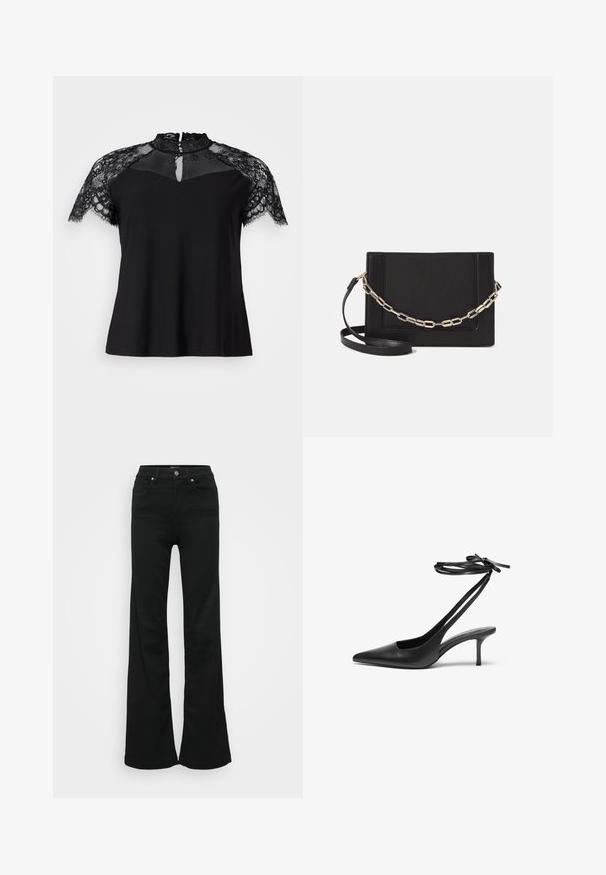 Schwarzes Oberteil mit hohem Spitzenkragen und kurzen Spitzenärmeln, mit einem Schlüssellochdetail am Halsauschnitt und einem glatten Stoffkörper.; Schwarze, ausgestellte Jeans aus Denim, mit hoher Taille, fünf Taschen und Metallknopfverschluss. Glatte Textur mit minimaler Gestaltung.; Schwarzer Leder-Stiletto mit spitzem Zehenbereich, offenem Fersenbereich und mit einer Schleife gebundenen Knöchelriemen. Schlanker 3-Zoll-Absatz. Glatte Textur, minimalistisches Design.; Schwarze Leder-Crossbody-Tasche mit glatter Textur, rechteckiger Form und metallic-kettendetail auf der Vorderseite. Verstellbarer Gurt inklusive.