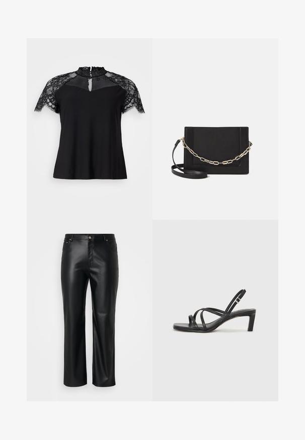 Černý top s vysokým krajkovým límcem a krátkými krajkovými rukávy, s detailem ve tvaru klíčové dírky na výstřihu a hladkým látkovým tělem.; Černé kalhoty z umělé kůže se rovný střih, s poutek na opasek, předními kapsami a zipem s knoflíkovým zapínáním. Hladký materiál.; Černé sandály na tenkém podpatku se čtveratou špičkou a nízkým blokovým podpatkem. Mají několik tenkých popruhů a nastavitelné zapínání okolo kotníku. Vyrobeny z hladké kůže.; Černá kožená crossbody taška s hladkým povrchem, obdélníkovým tvarem a kovovým řetízkem na přední straně. Součástí je nastavitelný popruh.