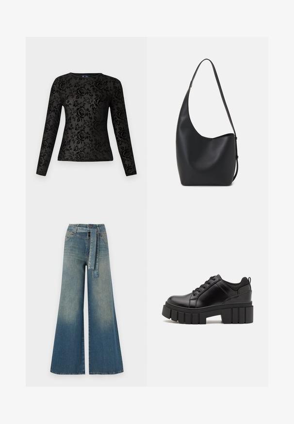 Tricou negru cu mâneci lungi din material neted, având un model floral texturat cu trandafiri. Guler rotund clasic, croială ajustată.; Pantaloni din denim largi, cu un gradient de la albastru deschis la albastru închis, talie înaltă, bucle pentru curea și o curea din același material. Finisaj texturat din denim.; Pantofi cu talpă plată din piele neagră, cu toc gros, vârf rotund și design tradițional cu șireturi. Prezintă o textură netedă și detalii minime.; Geantă hobo din piele neagră, cu o textură netedă, formă curbată și un singur bretele ajustabil; are o deschidere largă în partea de sus.