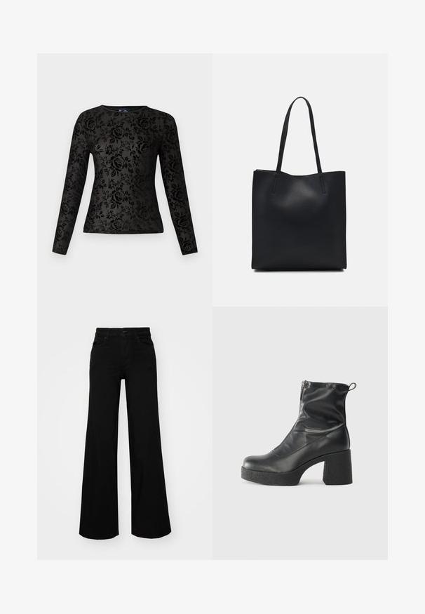 Czarny longsleeve z gładkiej tkaniny, ozdobiony teksturowanym wzorem kwiatowym z różami. Klasyczny, okrągły dekolt, dopasowany krój.; Czarne szerokie spodnie dżinsowe z usztywnionym pasem, szlufkami na pasek i kieszeniami z przodu. Gładka faktura o klasycznym fasonie.; Czarne botki za kostkę wykonane z gładkiej skóry, wyposażone w boczny zamek błyskawiczny, masywny teksturowany obcas oraz zaokrąglony czubek.; Czarna skórzana torba tote o gładkiej fakturze, prostokątnym kształcie i dwóch długich uchwytach. Brak widocznych elementów metalowych i ozdób.