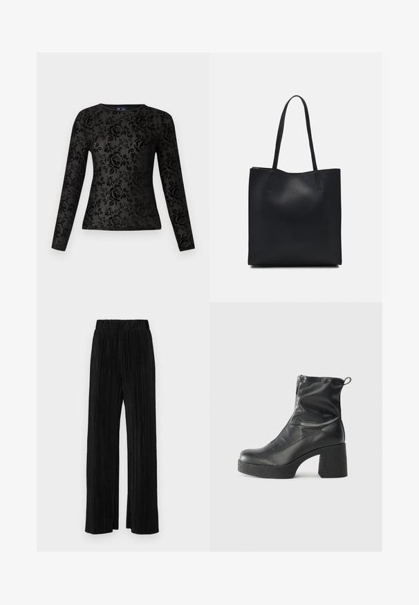 Black long-sleeve t-shirt made of smooth fabric, featuring a textured floral pattern with roses. Classic crew neckline, fitted shape.; Black pleated trousers with an elastic waistband. Features wide legs and a smooth, textured fabric with vertical stripes.; Black ankle boots made of smooth leather, featuring a side zipper, chunky textured heel, and rounded toe design.; Black leather tote bag with smooth texture, rectangular shape, and two long handles. No visible hardware or embellishments.