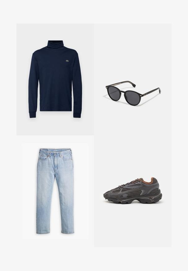 Marineblå turtleneck-shirt i blødt bomuld med lange ærmer. Har et lille grønt logo på brystet. Glat tekstur og tætsiddende design.; Lyseblå denimjeans med rett ben-design, fem-lommers stil og kontrastsøm. Knappe- og glidelåslukking i livet.; Lacoste-sneakers i mørkegrått med mesh- og syntetisk materiale, med en teksturert såle og brune detaljer på kragen og merket.; BOSS Solbriller - black