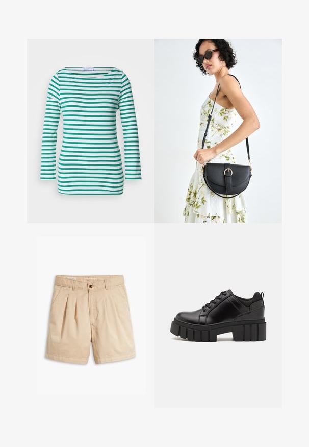 Valkoinen ja vihreä raitapaita pitkällä hihaisella, jossa on vaakaraidat, venepääntie ja tiukka malli. Pehmeä kangas.; Beige shorts made of cotton, featuring a pleated front design, a single button closure, and side pockets. Standard hem with no patterns.; Mustat nahkakengät, joissa on lättihenkinen korko, pyöreä kärki ja perinteinen nauhakiinnitys. Ominaisuuksiin kuuluu sileä pintakuvio ja minimaalinen yksityiskohtaisuus.; Musta nahkainen käsilaukku, joka on kaareva muotoilultaan, irrotettavalla hihnalla ja kultaisilla yksityiskohdilla. Laukussa on läppä, jossa on solk yksityiskohta.