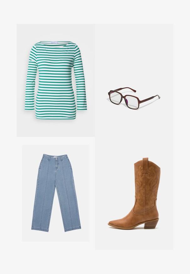 Striped long-sleeve top in white and green, featuring horizontal stripes, a boat neckline, and a fitted design. Soft fabric texture.; Light blue wide-leg jeans made of denim. Features a high waist, button closure, and visible stitching. No pockets are visible on the front.; Tan leather cowboy boot with pointed toe, embroidered swirl patterns on shaft, and a stacked block heel. Features a pull tab for easy wear.; Brown, rectangular eyeglasses with transparent lenses and purple tints. Smooth plastic frame with straight temples and subtle accents.