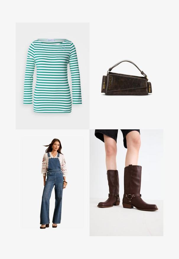 Fehér és zöld csíkos, hosszú ujjú felső, vízszintes csíkokkal, széles nyakkivágással és testre simuló szabással. Puha anyagú textúra.; Denim overáll, hullámos mintával a mellrészen, trapéz lábakkal és oldalsó zsebekkel. Fehér hímzett blúzzal és fa kiegészítőkkel párosítva.; Barna bőr, térd feletti csizmák kerek orral, textúrázott felülettel, bokapánttal és ezüst hardware részletekkel; rétegezett sarokkal.; Barna bőr kézitáska geometrikus mintával, felső fogantyúval és sárgaréz cipzár díszítéssel. A logó a táska oldalán van bedomborítva.