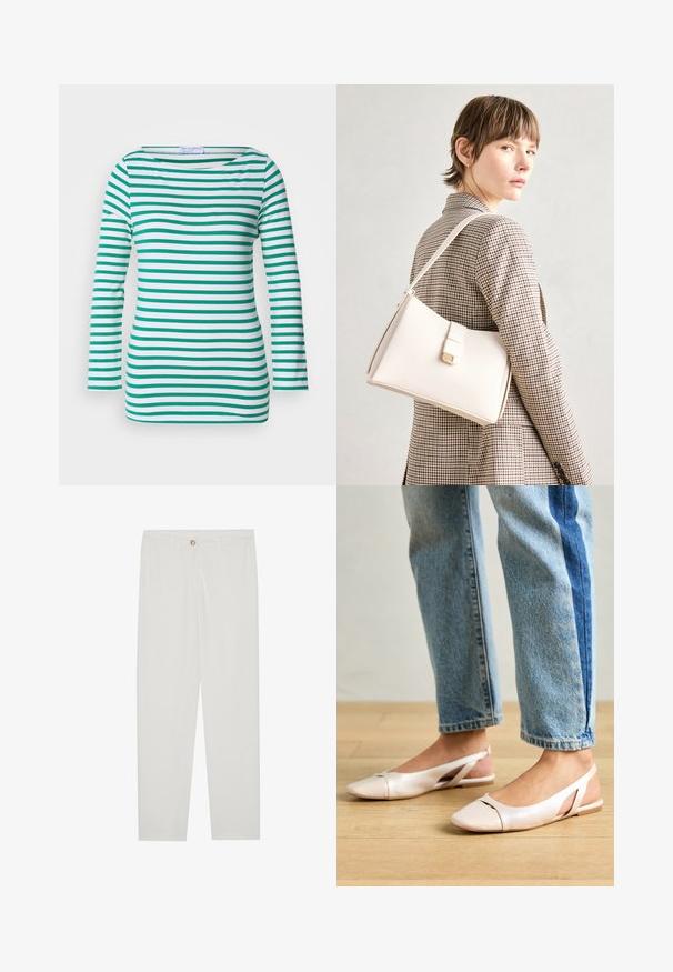 Fehér és zöld csíkos, hosszú ujjú felső, vízszintes csíkokkal, széles nyakkivágással és testre simuló szabással. Puha anyagú textúra.; Fehér, testreszabott nadrág egyenes szárú szabással, gombos záródással, övcsatolókkal és oldalsó zsebekkel; sima textúrájú anyag.; Világos rózsaszín slingback laposlábú cipők, hegyes orral, sima bőrhatású anyagból készült. Oldalt kivágott részletek találhatók rajta, valamint lapos sarkú.; Fehér bőr táska strukturált dizájnnal, mágneses záródással és vállpánttal, semleges háttér előtt bemutatva.