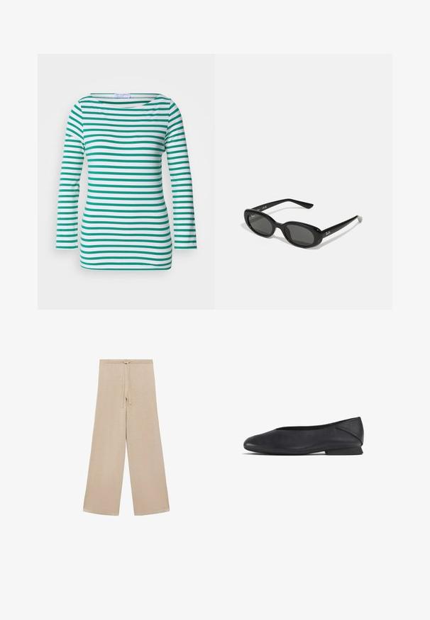 Prugasta dugorukava majica u bijeloj i zelenoj boji, s horizontalnim prugama, brodasto izrezana i prilagođenog kroja. Mekana tekstura tkanine.; Bež hlače širokih nogavica od mekog materijala, s elastičnim pojasom na vezanje i glatkom teksturom, bez uzoraka ili dodatnog pribora.; Crna kožna ravna cipela s okruglim prstom i niskom petom, dizajnirana za svakodnevno ili formalno nošenje.; Crne sunčane naočale s ovalnim lećama, sjajnim plastičnim okvirom i tankim krakovima. Značajka je Ray-Ban logo u bijeloj boji s strane.; DRAGON DIFFUSION SANTA CROCE BIG - Ručna torba - black
