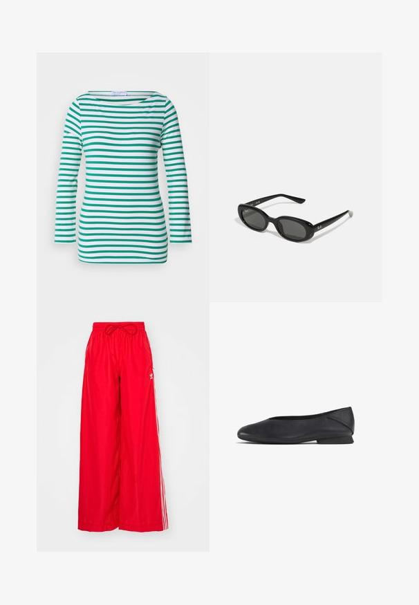 Svītrainā garo piedurkņu krekls baltā un zaļā krāsā, ar horizontālām svītrām, laivas formas kakla izgriezumu un pieguļošu piegriezumu. Mīksta auduma tekstūra.; Sarkani platleņķa bikses, kas izgatavotas no viegla auduma, ar baltām sānu svītrām un elastīgu jostu ar šņorēm.; Melnas ādas plakanas kurpes ar noapaļotu purngalu un zemu papēdi, paredzētas ikdienišķai vai formālai valkāšanai.; Melnas saulesbrilles ar ovālām lēcām, spīdīga plastmasas kārba un tievām kājām. Sānos ir redzams Ray-Ban logo baltā krāsā.