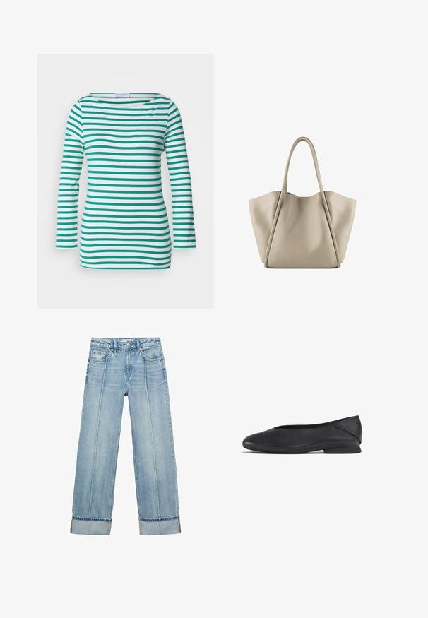 Gestreepte lange mouwen top in wit en groen, met horizontale strepen, een bootnek en een aansluitend ontwerp. Zachte stoftextuur.; Lichtblauwe denim wijde jeans met een hoge taille, voorzien van vijf zakken, zichtbare stiksels en opgerolde zomen bij de manchetten.; Zwarte leren platte schoen met ronde teen en lage hak, ontworpen voor casual of formele gelegenheden.; Beige leren tote bag met een ruime, gestructureerde ontwerp. Heeft twee lange handvatten en subtiele stiksels; geen zichtbare hardware.