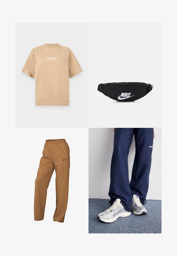 Beige puuvillapaita lyhyillä hihoilla, pyöreällä kaula-aukolla ja edessä valkoisella kalligrafisella tekstillä, joka lukee "Pegador Dreams Come True."; Ruskeat cargo-housut, jotka on valmistettu kankaasta, ja niissä on kaksi sivutaskua sekä elastinen vyötärö, jossa on musta logokiiltokuva. Suora lahjemuoto.; Nike urheilukengät hopeisella verkkopinnalla, valkoisilla yksityiskohdilla ja teksturoiduilla pohjilla, yhdistettyinä löysiin tummansinisiin housuihin.; Musta nailoninen vyölaukku, jossa on vetoketjullinen suljin ja suuri valkoinen Nike-logo. Liukas pinta ja ergonominen muotoilu mukautuu mukavaan käyttöön.