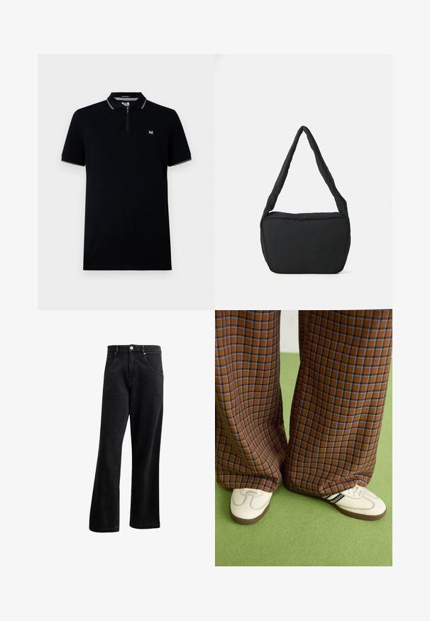 Camisa pólo preto com mangas curtas, abertura com fecho, colarinho e bordas das mangas em contraste, feita de tecido suave, com um pequeno logótipo.; Jeans de ganga preta com um design de perna reta, apresentando bolsos frontais, fecho de botão e uma leve textura. Inclui um detalhe de logótipo discreto.; Calças largas em padrão xadrez castanho e azul, combinadas com sapatos brancos com detalhes pretos e solas texturizadas, contra um fundo verde.; Saco preto de ombro com uma textura almofadada, uma forma arredondada e uma alça larga, apresentando um logótipo em relevo na parte da frente.