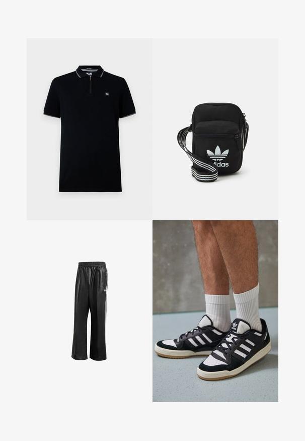 Black polo shirt with short sleeves, zippered placket, contrasting collar and sleeve edges, made of smooth fabric, featuring a small logo.; Black synthetic track pants with an elastic waistband, featuring white side stripes and a small white logo on the left hip.; Black and white sneakers with a suede and leather upper, featuring three white stripes, a perforated toe, and a gum rubber sole.; Black fabric crossbody bag with a zipper closure, featuring a white Adidas logo and a striped adjustable strap for easy carrying.