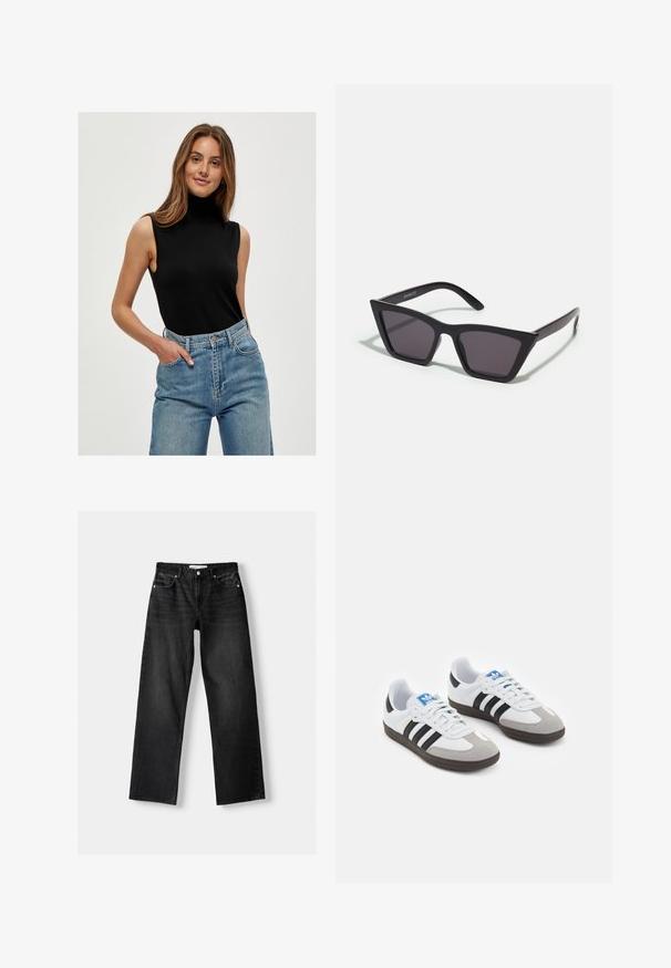 Minus MIRAKA KNIT TURTLENECK - Top - black; Bershka Džínsy s rovným strihom - mottled dark grey; Športové topánky s bielym koženým zvrškom, šedou semišovou špičkou a tromi čiernymi pruhmi. Obsahujú modré logo na jazyku a štruktúrovanú gumovú podrážku.; Čierne, ostré slnečné okuliare so sivými sklami; vyrobené z plastu, majú hrubé ramená s hladkým povrchom a bez viditeľnej mechaniky.