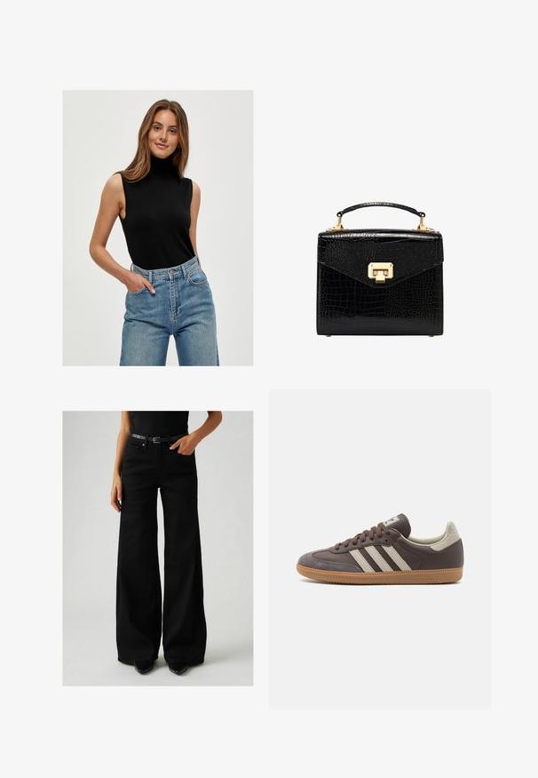 Minus MIRAKA KNIT TURTLENECK - Top - black; Schwarze weit geschnittene Jeans mit hohem Bund, aus Denim. Mit einem schwarzen Gürtel mit verstellbarem Schnallenverschluss und seitlichen Taschen. Sichtbare, detaillierte Nähte.; Braune Leder-Sneaker mit drei hellen Streifen, Gummisohle, abgerundetem Zehenbereich und strukturierten Wildlederelementen an Ferse und Zehen.; Schwarze Handtasche aus Kunstleder im Krokodil-Look mit strukturiertem Design, goldfarbenen Akzenten, einem oberen Tragegriff und einem magnetischen Klappverschluss.