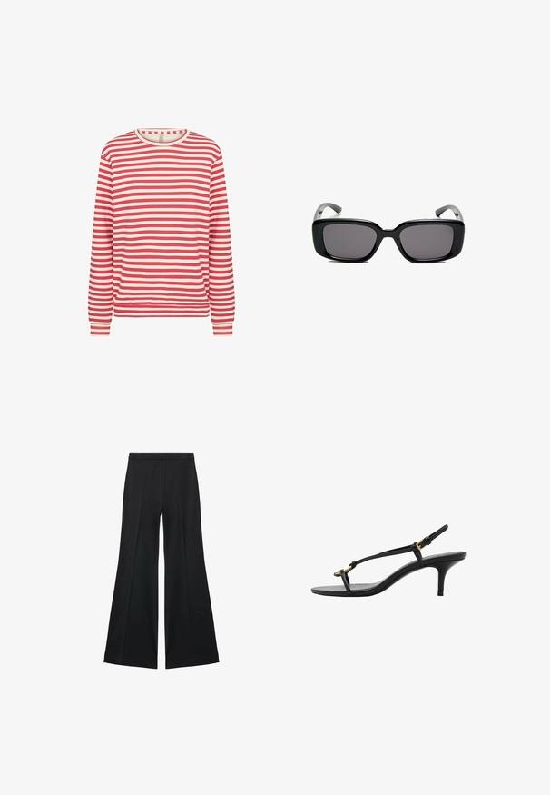 Chemise à manches longues avec des rayures horizontales rouges et blanches, col rond et poignets ajustés sur un fond blanc uni.; Pantalons larges noirs avec une texture lisse, présentant des plis sur le devant et un design ajusté. Le tissu est léger et fluide.; Sandale à talon aiguille noire en cuir avec des fines bandoulières, boucle dorée et une boucle pour les orteils minimaliste sur fond blanc.; Lunettes de soleil noires rectangulaires avec des verres foncés, monture en plastique lisse et branches courbées. Le design est épais avec une esthétique minimaliste.